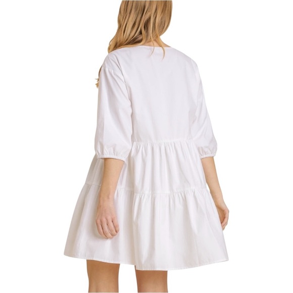 Off White Half Button 3/4 Sleeve Tiered Shirt Dress - Picture 2 of 5